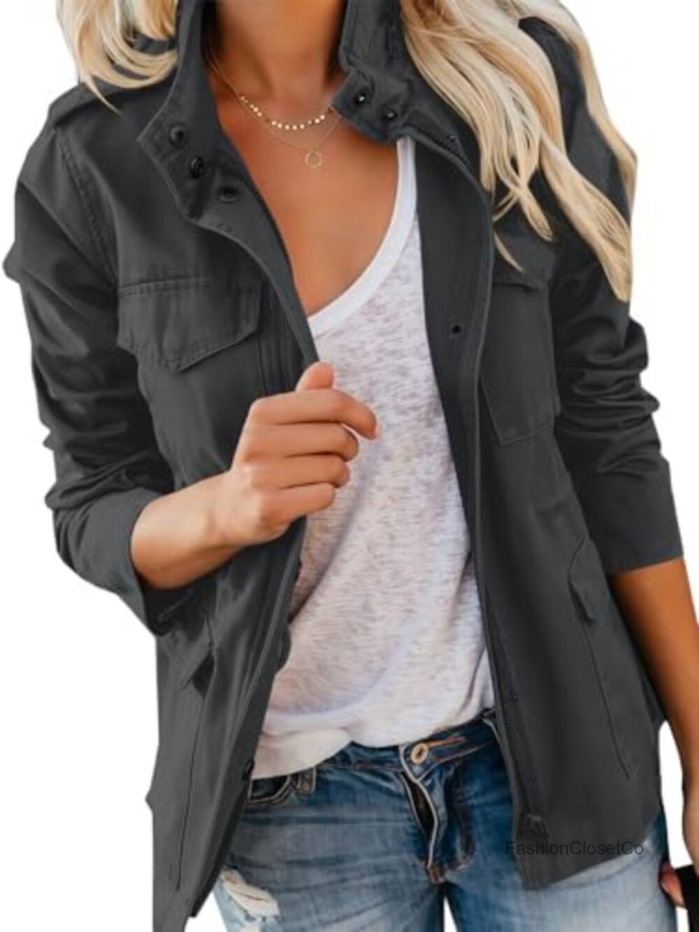 Women's Military Anorak Jacket Zip Up Snap Lightweight Utility Field Coat